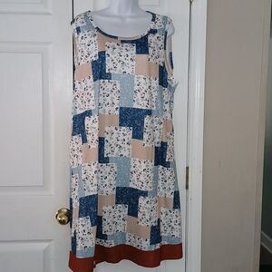 Patchwork print sleeveless shift dress with pockets   bohemian prairie   Sz 3XL